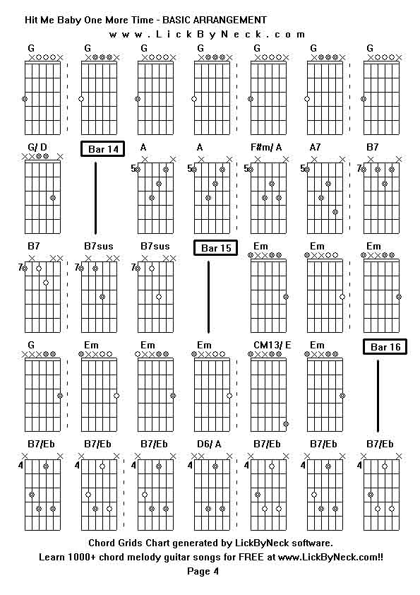 Chord Grids Chart of chord melody fingerstyle guitar song-Hit Me Baby One More Time - BASIC ARRANGEMENT,generated by LickByNeck software.